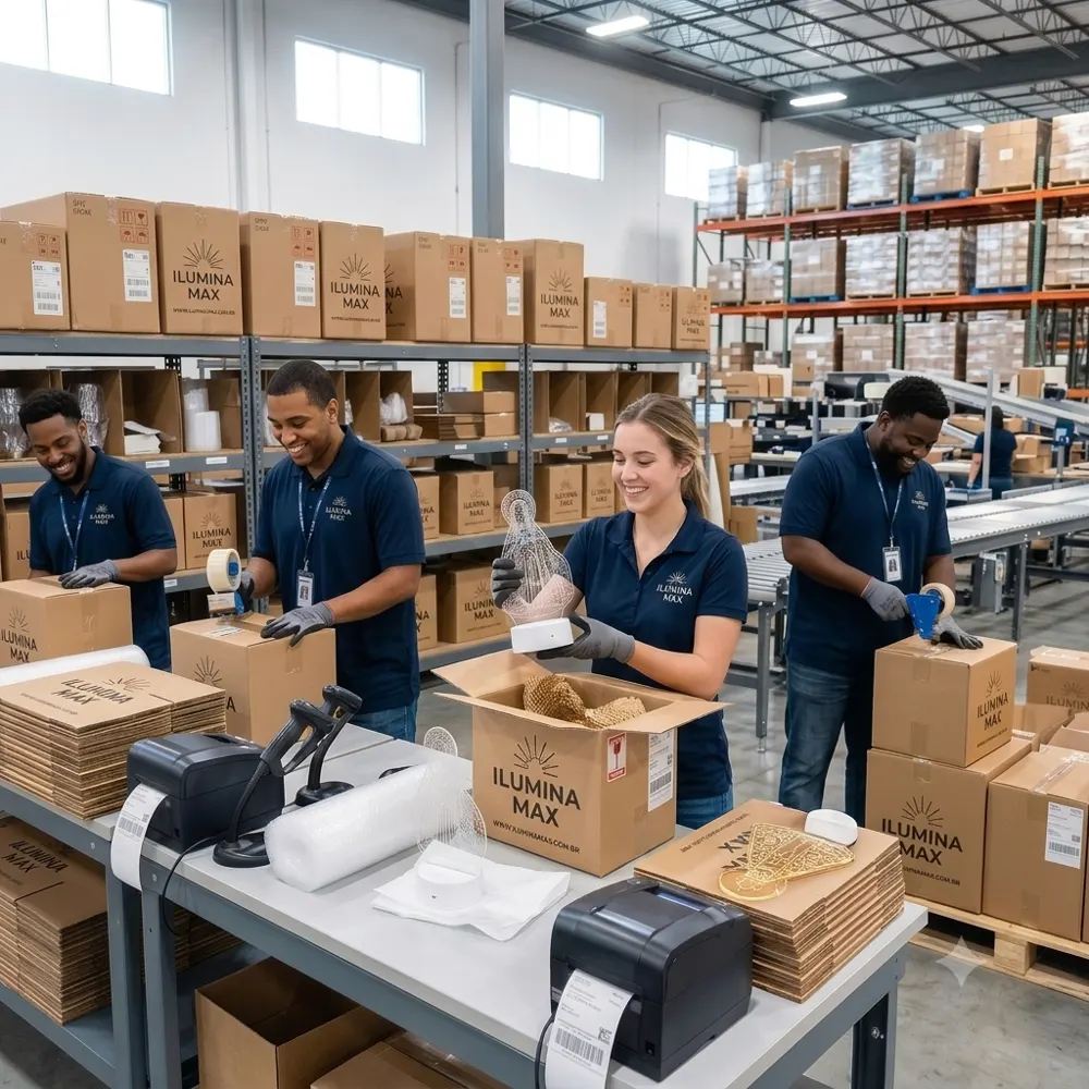 Equipe organizando caixas de luminárias para envio pelos Correios